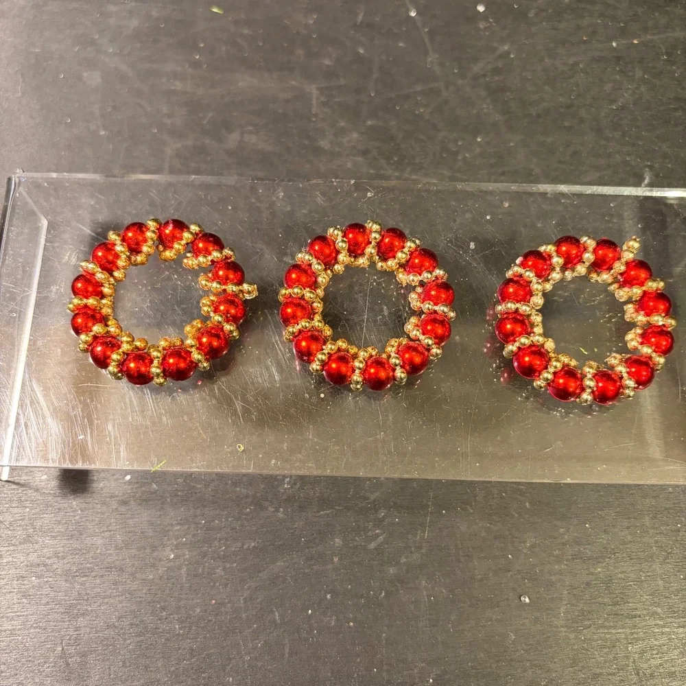 Set of 3 Beaded Christmas Wreath Ornaments Red Gold Metallic Miniature 1.5 Inch